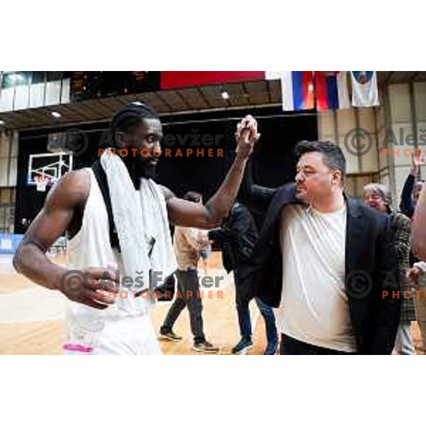 Oluwasimisola Shittu of Perspektiva Ilirija and president of Perspektiva Ilirija, Marin Ribac celebrate win in ABA League 2025/2026 basketball match between Perspektiva Ilirija (SLO) and Spartak Subotica (SRB) in Hala Tivoli, Ljubljana, Slovenia on November 10, 2025. Photo: Filip Barbalic