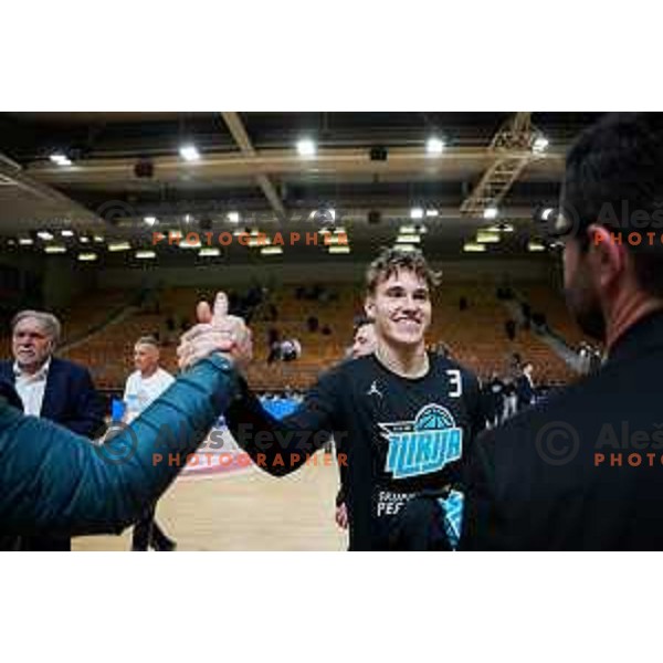 Bine Gabrijel celebrates win in ABA League 2025/2026 basketball match between Perspektiva Ilirija (SLO) and Spartak Subotica (SRB) in Hala Tivoli, Ljubljana, Slovenia on November 10, 2025. Photo: Filip Barbalic