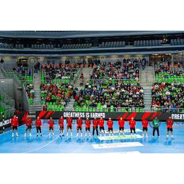 Players of RD LL Grosist Slovan prior to the EHF Men’s European League 2025/2026 handball match between RD LL Grosist Slovan (SLO) and Fraikin BM. Granollers (ESP) in Stozice, Ljubljana, Slovenia on November 11, 2025. Photo: Filip Barbalic