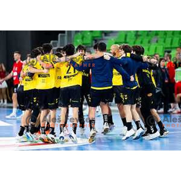 Players of Fraikin BM. Granollers celebrate win in EHF Men’s European League 2025/2026 handball match between RD LL Grosist Slovan (SLO) and Fraikin BM. Granollers (ESP) in Stozice, Ljubljana, Slovenia on November 11, 2025. Photo: Filip Barbalic