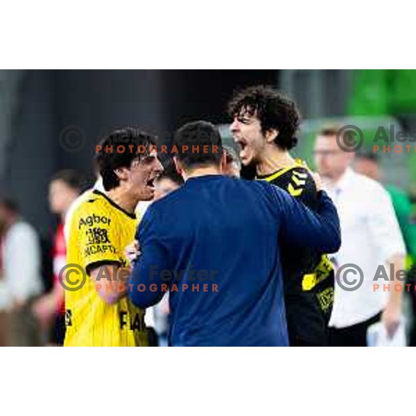 Luka Krivokapic of Fraikin BM. Granollers celebrates win in EHF Men’s European League 2025/2026 handball match between RD LL Grosist Slovan (SLO) and Fraikin BM. Granollers (ESP) in Stozice, Ljubljana, Slovenia on November 11, 2025. Photo: Filip Barbalic