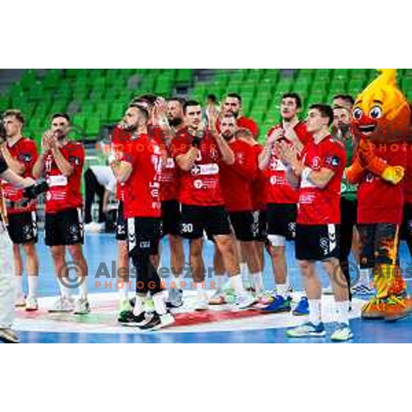 Tarik Mlivic and players of RD LL Grosist Slovan after EHF Men’s European League 2025/2026 handball match between RD LL Grosist Slovan (SLO) and Fraikin BM. Granollers (ESP) in Stozice, Ljubljana, Slovenia on November 11, 2025. Photo: Filip Barbalic