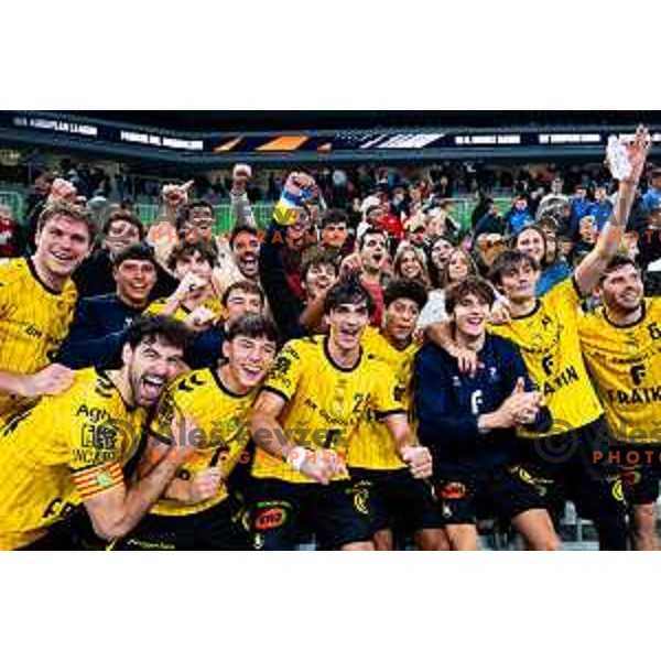 Players of Fraikin BM. Granollers celebrate win in EHF Men’s European League 2025/2026 handball match between RD LL Grosist Slovan (SLO) and Fraikin BM. Granollers (ESP) in Stozice, Ljubljana, Slovenia on November 11, 2025. Photo: Filip Barbalic