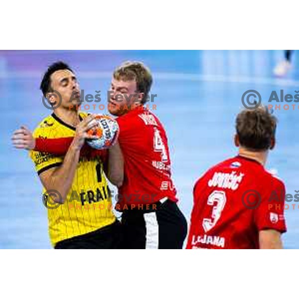 Adrian Figueras Trejo of Fraikin BM. Granollers and Lovro Viscek of RD LL Grosist Slovan in action during EHF Men’s European League 2025/2026 handball match between RD LL Grosist Slovan (SLO) and Fraikin BM. Granollers (ESP) in Stozice, Ljubljana, Slovenia on November 11, 2025. Photo: Filip Barbalic