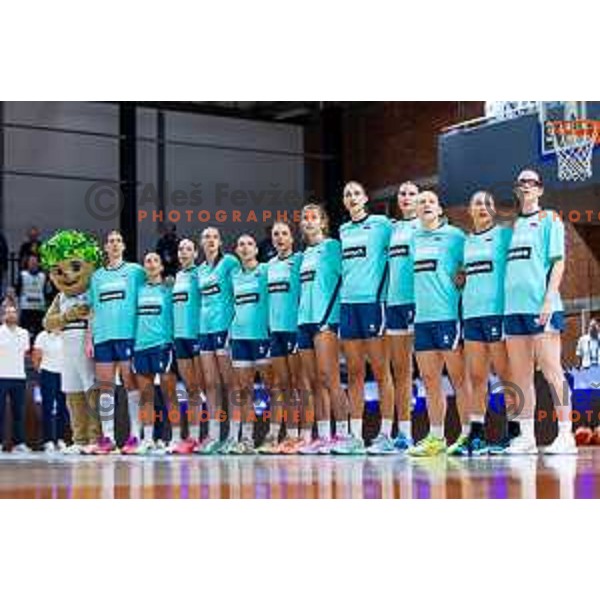 Players of Slovenia during national anthem prior to the FIBA Women\'s EuroBasket Qualifiers basketball match between Slovenia and Latvia in Kodeljevo Hall, Ljubljana, Slovenia on November 12, 2025. Photo: Filip Barbalic