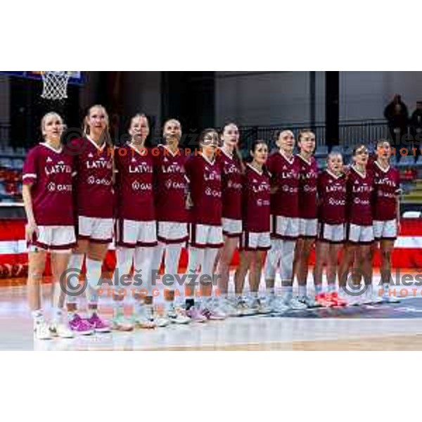 Players of Latvia during national anthem prior to the FIBA Women\'s EuroBasket Qualifiers basketball match between Slovenia and Latvia in Kodeljevo Hall, Ljubljana, Slovenia on November 12, 2025. Photo: Filip Barbalic
