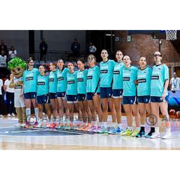 Players of Slovenia during national anthem prior to the FIBA Women\'s EuroBasket Qualifiers basketball match between Slovenia and Latvia in Kodeljevo Hall, Ljubljana, Slovenia on November 12, 2025. Photo: Filip Barbalic