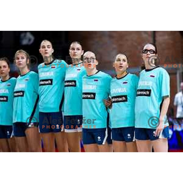 Players of Slovenia during national anthem prior to the FIBA Women\'s EuroBasket Qualifiers basketball match between Slovenia and Latvia in Kodeljevo Hall, Ljubljana, Slovenia on November 12, 2025. Photo: Filip Barbalic