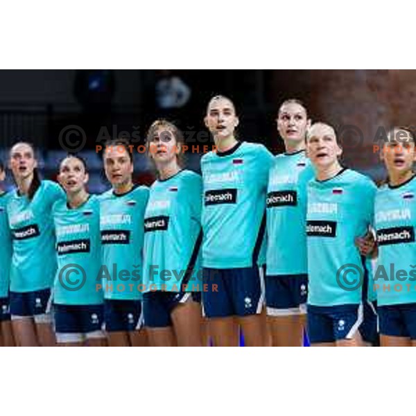 Players of Slovenia during national anthem prior to the FIBA Women\'s EuroBasket Qualifiers basketball match between Slovenia and Latvia in Kodeljevo Hall, Ljubljana, Slovenia on November 12, 2025. Photo: Filip Barbalic
