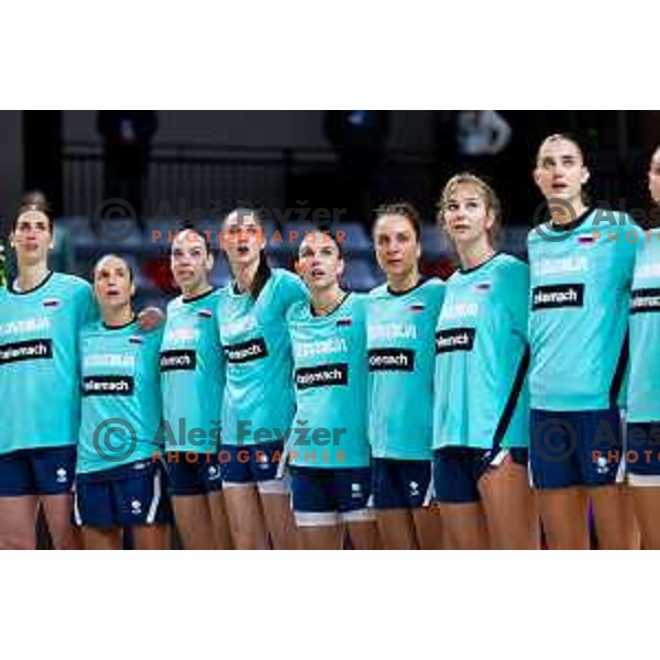 Players of Slovenia during national anthem prior to the FIBA Women\'s EuroBasket Qualifiers basketball match between Slovenia and Latvia in Kodeljevo Hall, Ljubljana, Slovenia on November 12, 2025. Photo: Filip Barbalic