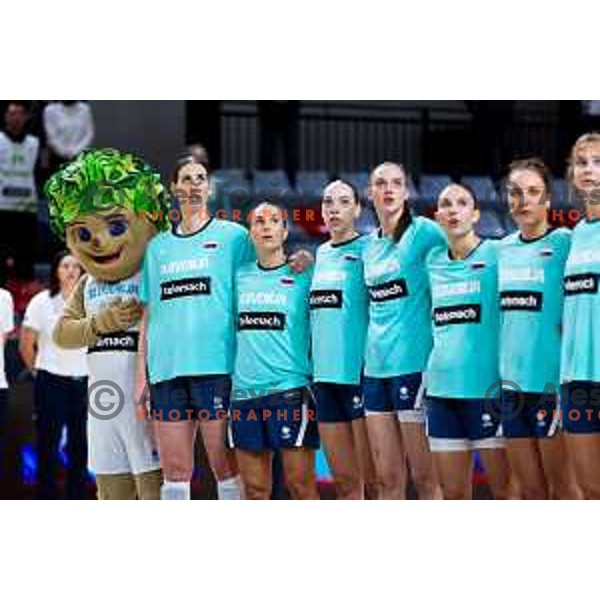 Players of Slovenia during national anthem prior to the FIBA Women\'s EuroBasket Qualifiers basketball match between Slovenia and Latvia in Kodeljevo Hall, Ljubljana, Slovenia on November 12, 2025. Photo: Filip Barbalic