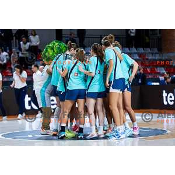 Players of Slovenia prior to the FIBA Women\'s EuroBasket Qualifiers basketball match between Slovenia and Latvia in Kodeljevo Hall, Ljubljana, Slovenia on November 12, 2025. Photo: Filip Barbalic