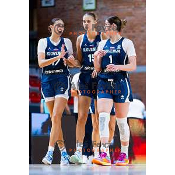Zoja Stirn, Mojca Jelenc and Eva Lisec of Slovenia in action during FIBA Women\'s EuroBasket Qualifiers basketball match between Slovenia and Latvia in Kodeljevo Hall, Ljubljana, Slovenia on November 12, 2025. Photo: Filip Barbalic