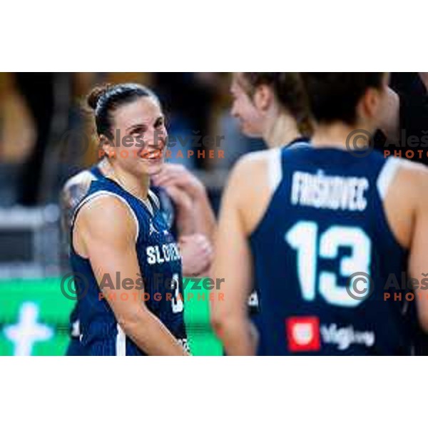 Teja Oblak of Slovenia celebrates win in FIBA Women\'s EuroBasket Qualifiers basketball match between Slovenia and Latvia in Kodeljevo Hall, Ljubljana, Slovenia on November 12, 2025. Photo: Filip Barbalic
