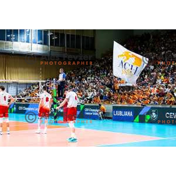 Fans of ACH Volley during CEV Men\'s Champions League 2026 Early Stage volleyball match between ACH Volley (SLO) and Dinamo Bucuresti (ROM) in Tivoli Hall, Ljubljana, Slovenia on November 13, 2025. Photo: Filip Barbalic