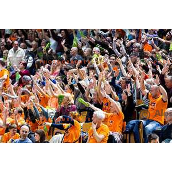 Fans of ACH Volley during CEV Men\'s Champions League 2026 Early Stage volleyball match between ACH Volley (SLO) and Dinamo Bucuresti (ROM) in Tivoli Hall, Ljubljana, Slovenia on November 13, 2025. Photo: Filip Barbalic