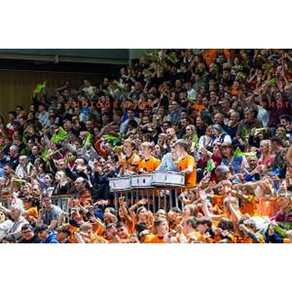 Fans of ACH Volley during CEV Men\'s Champions League 2026 Early Stage volleyball match between ACH Volley (SLO) and Dinamo Bucuresti (ROM) in Tivoli Hall, Ljubljana, Slovenia on November 13, 2025. Photo: Filip Barbalic