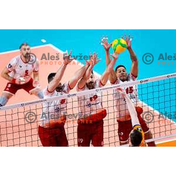 Petar Premovic, Robert Calin and Jonatas Cardoso of Dinamo Bucuresti in action during CEV Men\'s Champions League 2026 Early Stage volleyball match between ACH Volley (SLO) and Dinamo Bucuresti (ROM) in Tivoli Hall, Ljubljana, Slovenia on November 13, 2025. Photo: Filip Barbalic