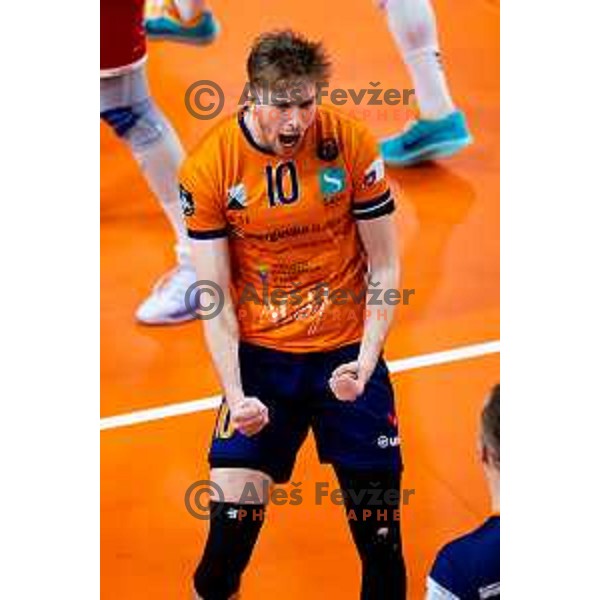 Janz Janez Krzic of ACH Volley in action during CEV Men\'s Champions League 2026 Early Stage volleyball match between ACH Volley (SLO) and Dinamo Bucuresti (ROM) in Tivoli Hall, Ljubljana, Slovenia on November 13, 2025. Photo: Filip Barbalic