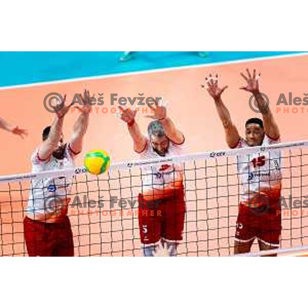 Petar Premovic, Razvan Florentin Mihalcea and Jonatas Cardoso of Dinamo Bucuresti in action during CEV Men\'s Champions League 2026 Early Stage volleyball match between ACH Volley (SLO) and Dinamo Bucuresti (ROM) in Tivoli Hall, Ljubljana, Slovenia on November 13, 2025. Photo: Filip Barbalic