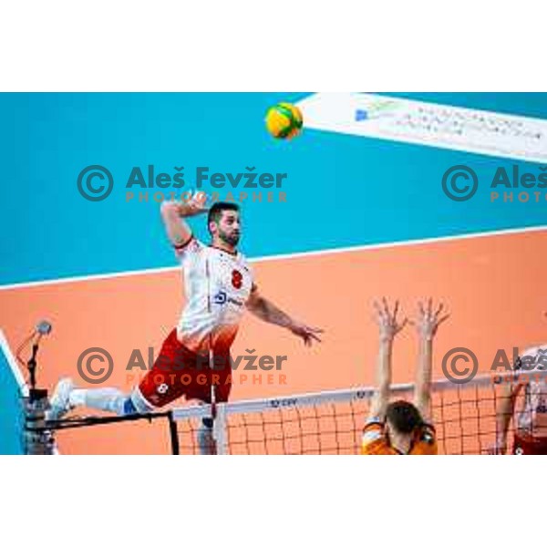 Petar Premovic of Dinamo Bucuresti in action during CEV Men\'s Champions League 2026 Early Stage volleyball match between ACH Volley (SLO) and Dinamo Bucuresti (ROM) in Tivoli Hall, Ljubljana, Slovenia on November 13, 2025. Photo: Filip Barbalic