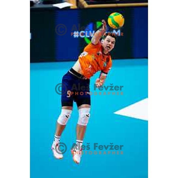 Klemen Sen of ACH Volley in action during CEV Men\'s Champions League 2026 Early Stage volleyball match between ACH Volley (SLO) and Dinamo Bucuresti (ROM) in Tivoli Hall, Ljubljana, Slovenia on November 13, 2025. Photo: Filip Barbalic