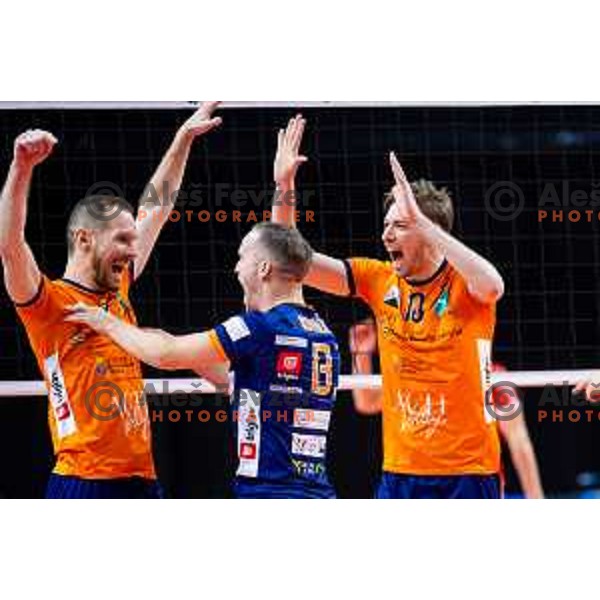 Tine Urnaut and Janz Janez Krzic of ACH Volley in action during CEV Men\'s Champions League 2026 Early Stage volleyball match between ACH Volley (SLO) and Dinamo Bucuresti (ROM) in Tivoli Hall, Ljubljana, Slovenia on November 13, 2025. Photo: Filip Barbalic