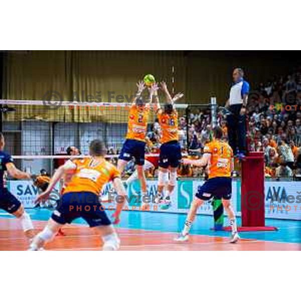 Alen Pajenk and Gregor Ropret of ACH Volley in action during CEV Men\'s Champions League 2026 Early Stage volleyball match between ACH Volley (SLO) and Dinamo Bucuresti (ROM) in Tivoli Hall, Ljubljana, Slovenia on November 13, 2025. Photo: Filip Barbalic