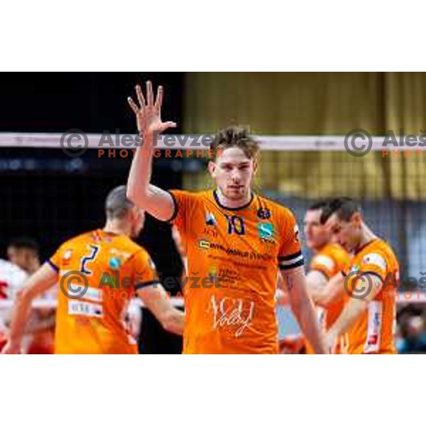 Janz Janez Krzic of ACH Volley in action during CEV Men\'s Champions League 2026 Early Stage volleyball match between ACH Volley (SLO) and Dinamo Bucuresti (ROM) in Tivoli Hall, Ljubljana, Slovenia on November 13, 2025. Photo: Filip Barbalic