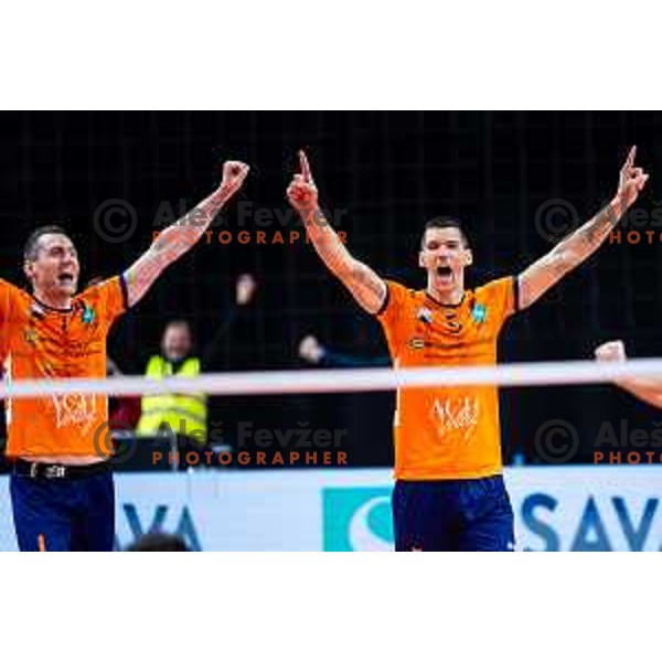 Alen Sket of ACH Volley celebrates win in CEV Men\'s Champions League 2026 Early Stage volleyball match between ACH Volley (SLO) and Dinamo Bucuresti (ROM) in Tivoli Hall, Ljubljana, Slovenia on November 13, 2025. Photo: Filip Barbalic