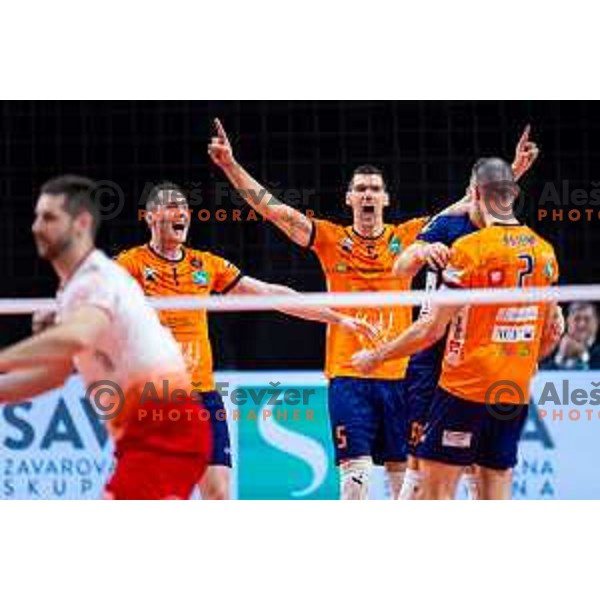 Toncek Stern and Alen Sket of ACH Volley celebrate win in CEV Men\'s Champions League 2026 Early Stage volleyball match between ACH Volley (SLO) and Dinamo Bucuresti (ROM) in Tivoli Hall, Ljubljana, Slovenia on November 13, 2025. Photo: Filip Barbalic