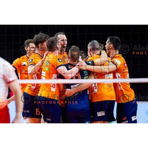 Tine Urnaut and players of ACH Volley celebrate win in CEV Men\'s Champions League 2026 Early Stage volleyball match between ACH Volley (SLO) and Dinamo Bucuresti (ROM) in Tivoli Hall, Ljubljana, Slovenia on November 13, 2025. Photo: Filip Barbalic