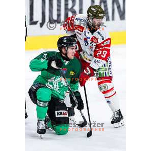 Jaka Sodja of SZ Olimpija in action during IceHL 2025/2026 ice-hockey match between SZ Olimpija and Sudtirol Alperia in Tivoli Hall, Ljubljana, Slovenia on November 14, 2025