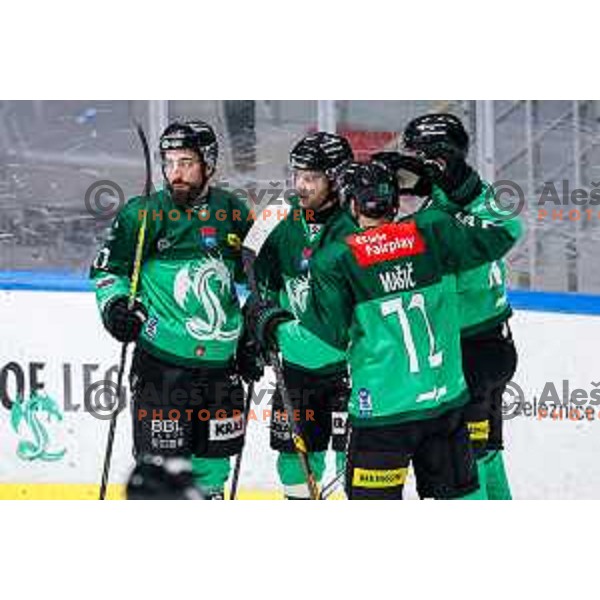 Nicolai Meyer and players of SZ Olimpija celebrate a goal during IceHL 2025/2026 ice-hockey match between SZ Olimpija and Sudtirol Alperia in Tivoli Hall, Ljubljana, Slovenia on November 14, 2025