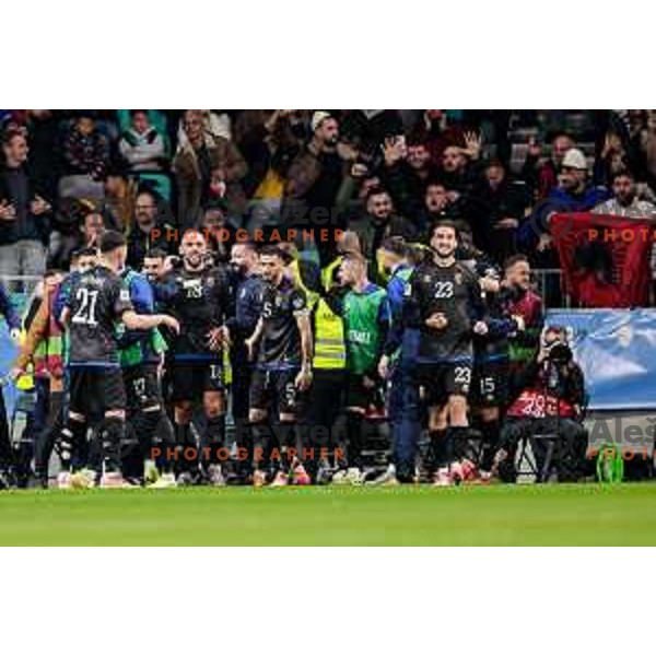 Players of Kosovo celebrate a goal during FIFA World Cup 2026 European Qualifiers match between Slovenia and Kosovo in SRC Stozice, Ljubljana, Slovenia on Noivember 15, 2025