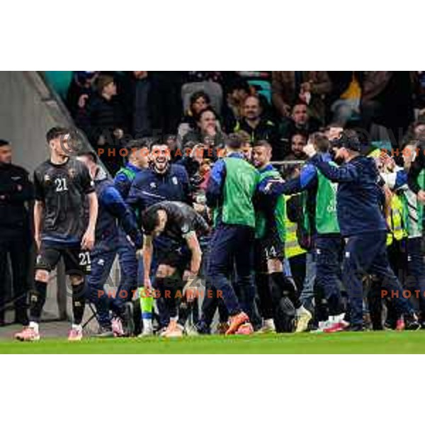 Players of Kosovo celebrate a goal during FIFA World Cup 2026 European Qualifiers match between Slovenia and Kosovo in SRC Stozice, Ljubljana, Slovenia on Noivember 15, 2025