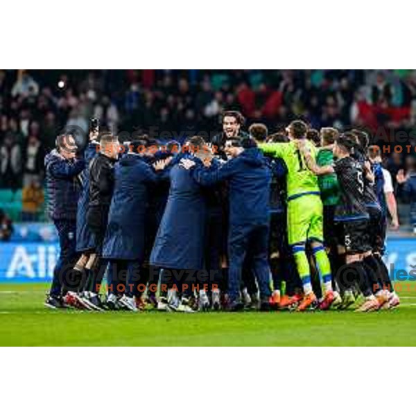 Players of Kosovo celebrate victory at FIFA World Cup 2026 European Qualifiers match between Slovenia and Kosovo in SRC Stozice, Ljubljana, Slovenia on November 15, 2025