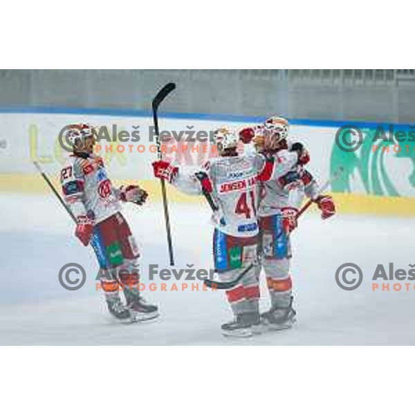 players of KAC celebrate a goal during IceHL 2025/2026 ice-hockey match between SZ Olimpija and KAC in Tivoli Hall, Ljubljana, Slovenia on November 16, 2025