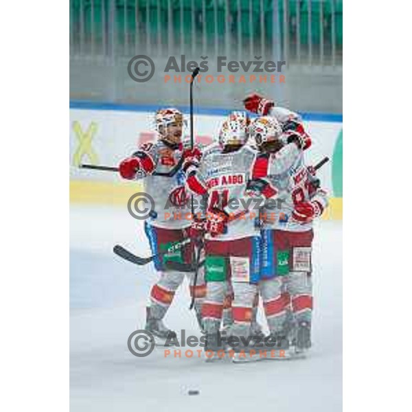 players of KAC celebrate a goal during IceHL 2025/2026 ice-hockey match between SZ Olimpija and KAC in Tivoli Hall, Ljubljana, Slovenia on November 16, 2025