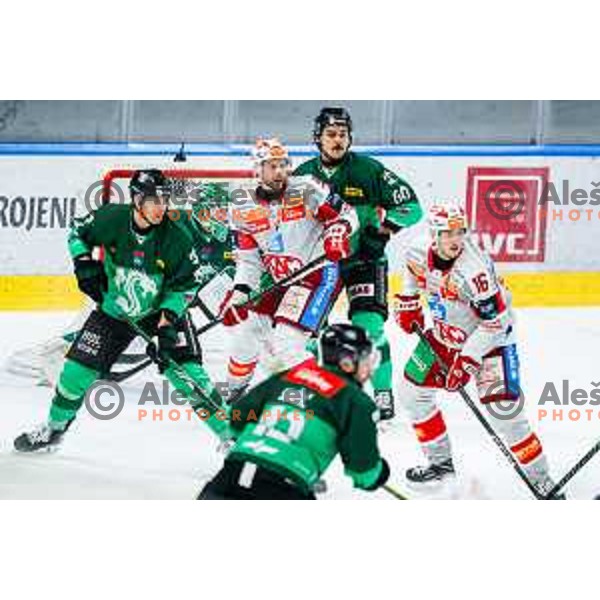 Jan Mursak of KAC and Clayton Kirichenko in action during IceHL 2025/2026 ice-hockey match between SZ Olimpija and KAC in Tivoli Hall, Ljubljana, Slovenia on November 16, 2025