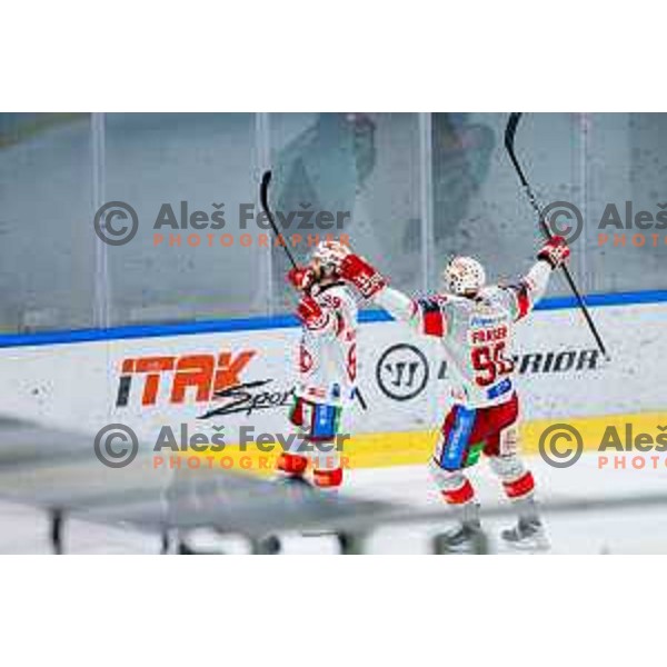 players of KAC celebrate a goal during IceHL 2025/2026 ice-hockey match between SZ Olimpija and KAC in Tivoli Hall, Ljubljana, Slovenia on November 16, 2025