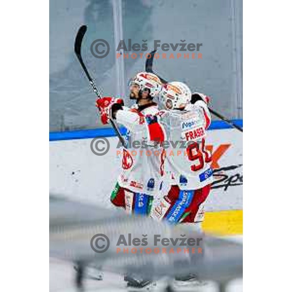 players of KAC celebrate a goal during IceHL 2025/2026 ice-hockey match between SZ Olimpija and KAC in Tivoli Hall, Ljubljana, Slovenia on November 16, 2025
