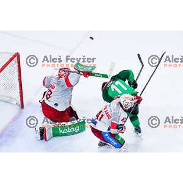 Florian Vorauer of KAC and Marly Quince of SZ Olimpija in action during IceHL 2025/2026 ice-hockey match between SZ Olimpija and KAC in Tivoli Hall, Ljubljana, Slovenia on November 16, 2025