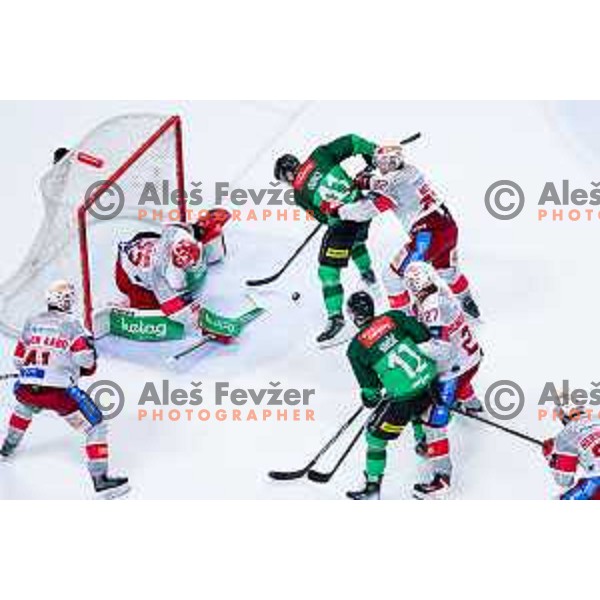 Florian Vorauer of KAC and Marly Quince of SZ Olimpija in action during IceHL 2025/2026 ice-hockey match between SZ Olimpija and KAC in Tivoli Hall, Ljubljana, Slovenia on November 16, 2025