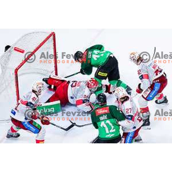 Florian Vorauer of KAC and Marly Quince of SZ Olimpija in action during IceHL 2025/2026 ice-hockey match between SZ Olimpija and KAC in Tivoli Hall, Ljubljana, Slovenia on November 16, 2025