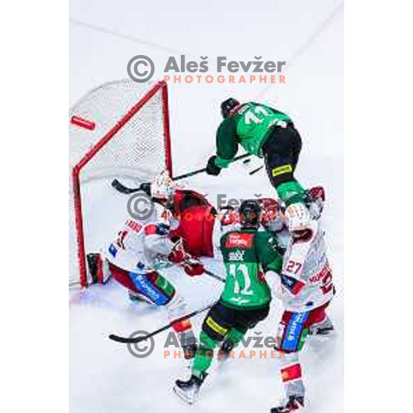 Florian Vorauer of KAC and Marly Quince of SZ Olimpija in action during IceHL 2025/2026 ice-hockey match between SZ Olimpija and KAC in Tivoli Hall, Ljubljana, Slovenia on November 16, 2025