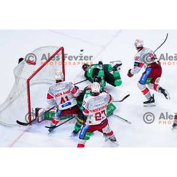 Florian Vorauer of KAC and Marly Quince of SZ Olimpija in action during IceHL 2025/2026 ice-hockey match between SZ Olimpija and KAC in Tivoli Hall, Ljubljana, Slovenia on November 16, 2025