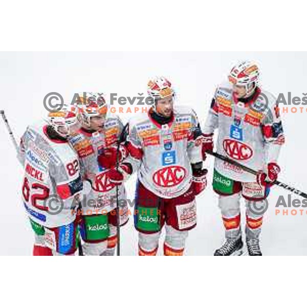 Jan Mursak and players of KAC celebrate a goal during IceHL 2025/2026 ice-hockey match between SZ Olimpija and KAC in Tivoli Hall, Ljubljana, Slovenia on November 16, 2025