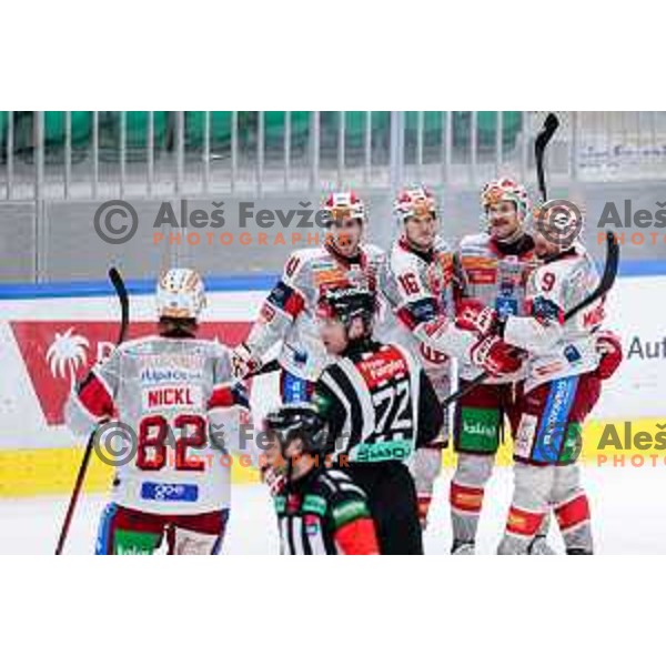 Jan Mursak and players of KAC celebrate a goal during IceHL 2025/2026 ice-hockey match between SZ Olimpija and KAC in Tivoli Hall, Ljubljana, Slovenia on November 16, 2025