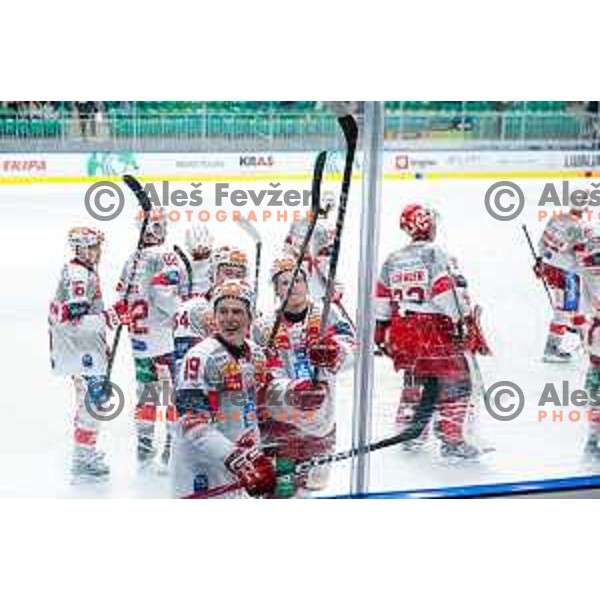 players of KAC celebrate a goal during IceHL 2025/2026 ice-hockey match between SZ Olimpija and KAC in Tivoli Hall, Ljubljana, Slovenia on November 16, 2025